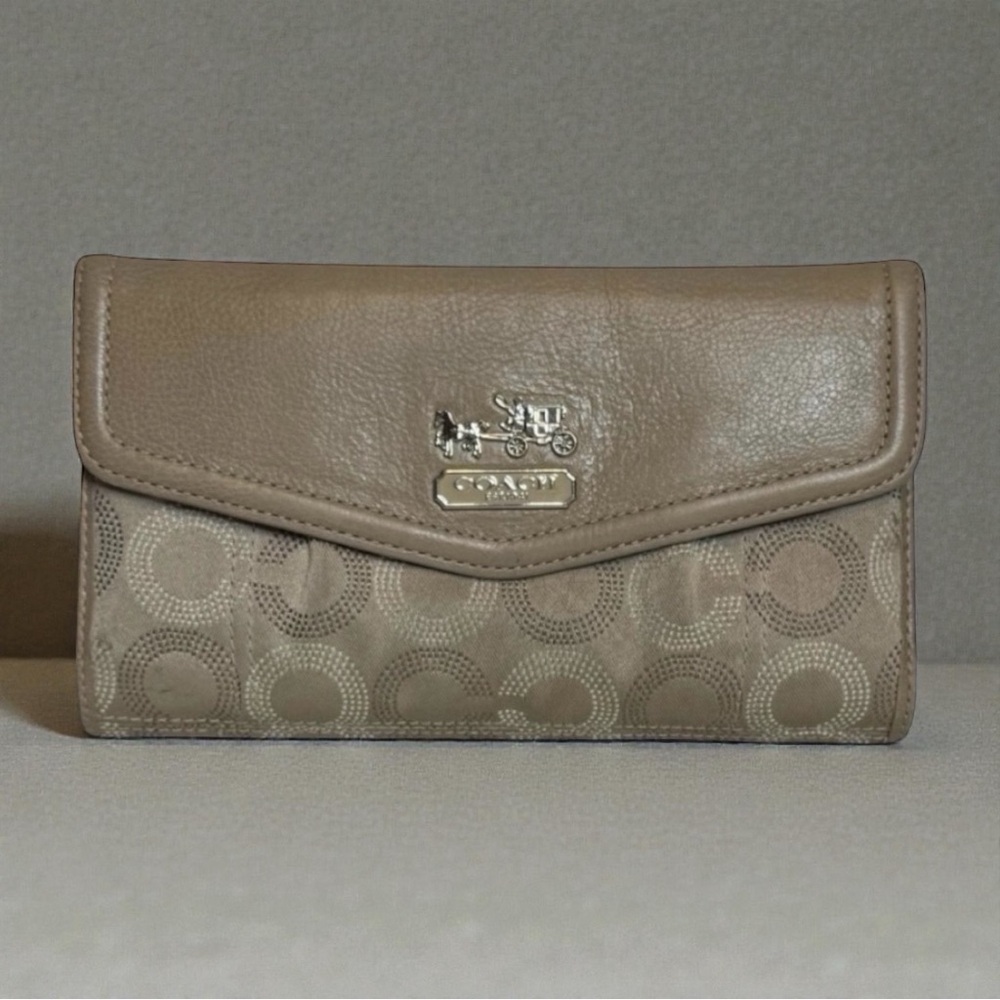 Coach Madison Dotted Accordian Trifold Wallet Leather Canvas Vintage Khaki Pink